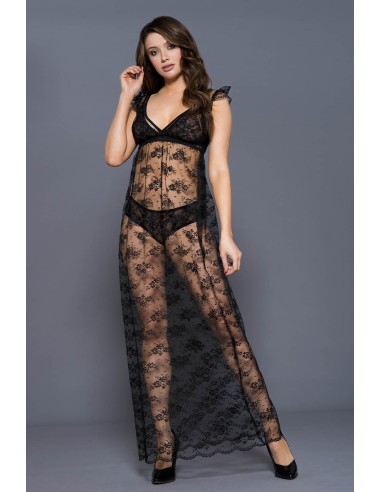 Vente en gros et Dropshipping nuisette longue en dentelle noire avec culotte et soutien-gorge inclus.