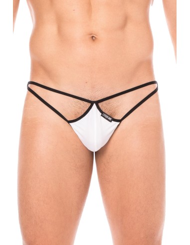 Mini string blanc pour homme en forme de goutte avec sur les côtés des ficelles de maintien.