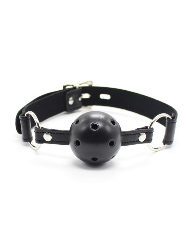 Baillon simili cuir noir avec boule à trous rigide pour vos soirées bondage de votre distributeur Dreamy Fetish.