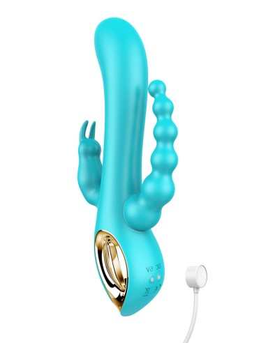 Vibromasseur 3 têtes rabbit bleu avec chapelet anal vibrant intégré de chez Dreamy Toys