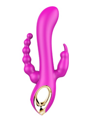 Vibromasseur 3 têtes rabbit rose avec chapelet anal vibrant intégré de chez Dreamy Toys