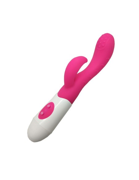 En  en vibromasseur rabbit rose avec 30 modes de vibration et avec picots.