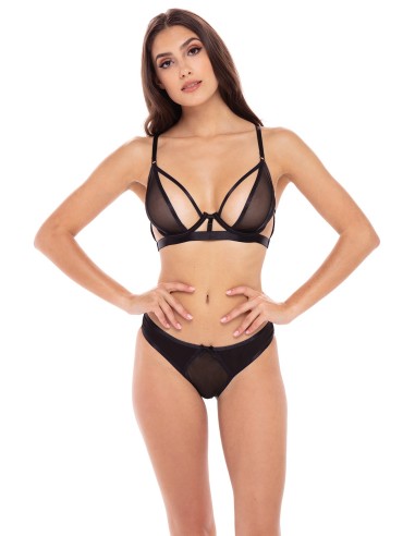 Soutien-gorge à armatures et culotte noire résille sexy de la marque René Rofé en .