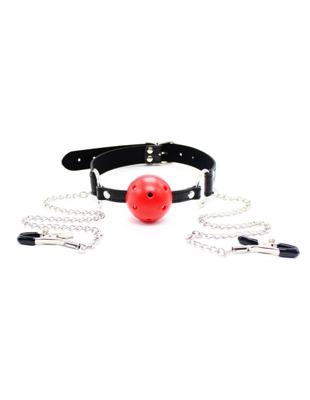 Baillon avec boule à trous et 2 chaines avec pinces tétons de la marque Dreamy Fetish, accessoires Bdsm