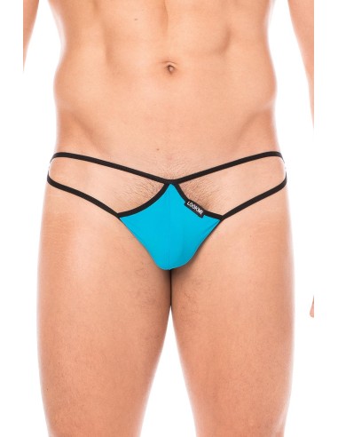 Mini string bleu pour homme en forme de goutte avec sur les côtés des ficelles de maintien.