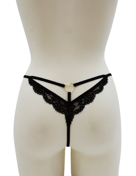 String noir en dentelle avec bijou cœur doré - PA02MBLK