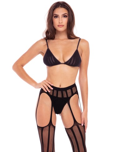 Soutien-gorge noire en résille avec porte-jarretelle, bas intégré et string de la collection rené rofé.