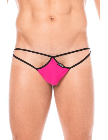 Mini string magenta pour homme en forme de goutte avec sur les côtés des ficelles de maintien.