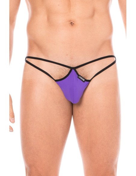 Mini string violet pour homme en forme de goutte avec sur les côtés des ficelles de maintien.